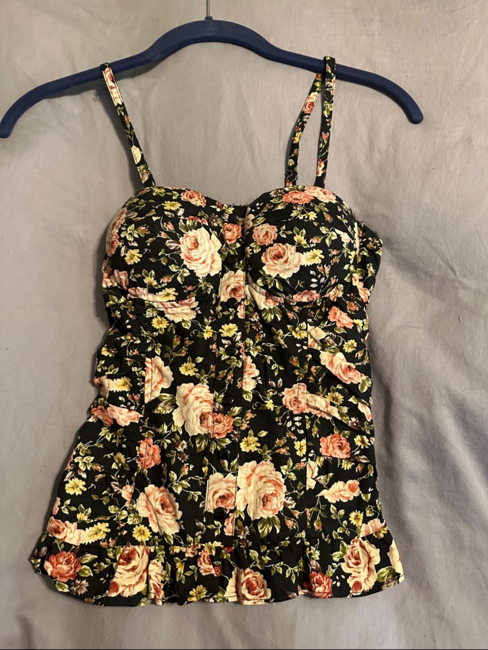 Floral Ruffled Bustier Tank Top - Black with Peach Roses